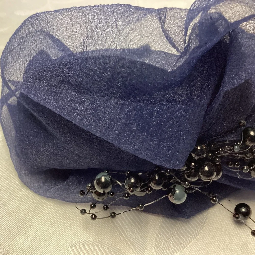 Navy vintage head covering all handmade lace and beads - Picture 4 of 6